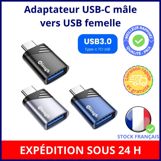 Ovegna Adaptateur USB 3.1 USB-A (mâle) Vers USB-C (femelle) - 10 Gbps - Aluminium