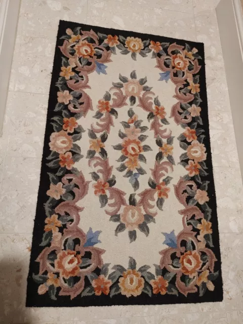 Primitive American Folk Art hand Black hooked rug Floral farmhouse 50” X 30”