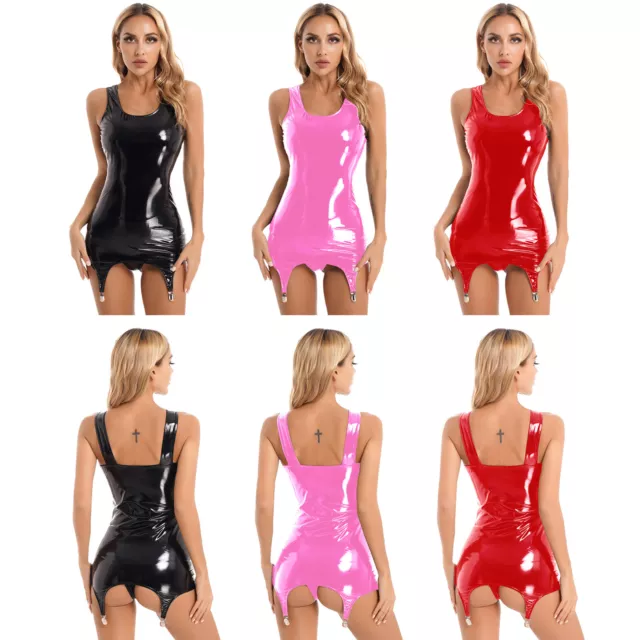 Women Wet Look Leather Tank Dress Bodycon Dresses with Garter Belt for Stockings