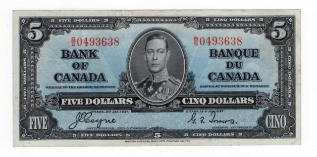 Bank of Canada 1937 $5 Five Dollars Coyne-Towers B/S Prefix VF King George VI