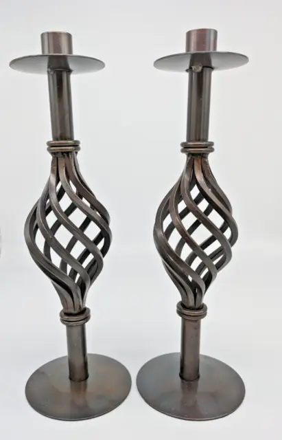 Vintage Wrought Iron Metal Set Candle Holders Black Rustic Barley Twist 32 Cm