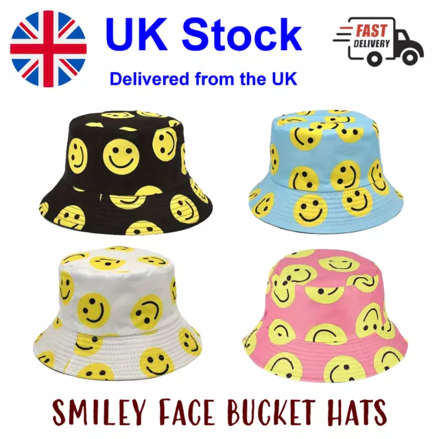 Smiley Face Bucket Hat Print Reversible Summer Festival Fisherman Sun Smile Hats