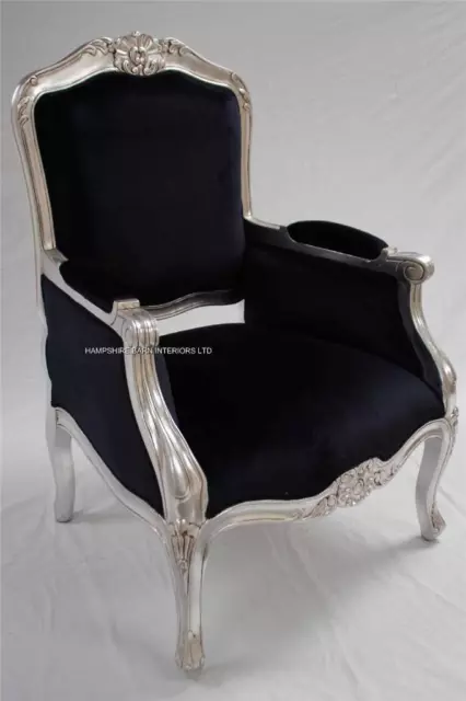 Ornate Arm Chair Silver & Black Louis French Wing Velvet Home Shop Salon Lounge