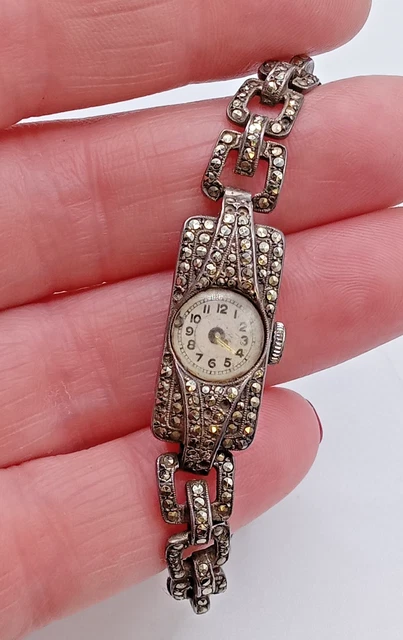 ANTIQUE ART DECO Sterling Silver Marcasite Watch Hallmarked  display picture 3