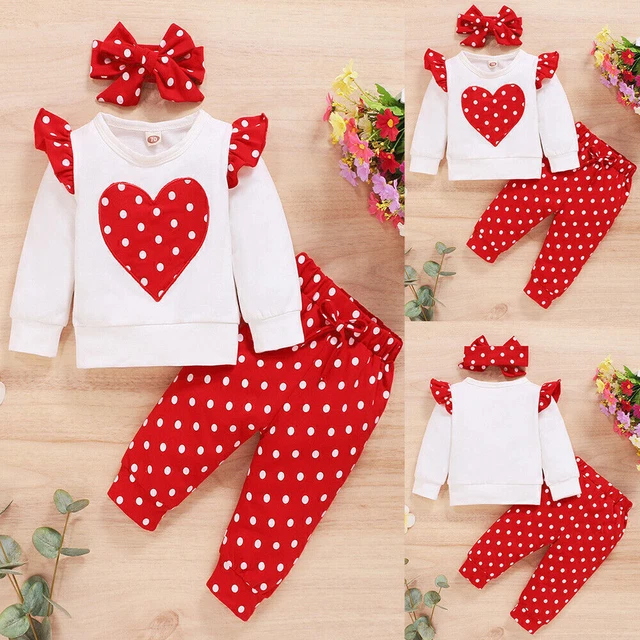 3PCS Newborn Baby Girls Heart Tops Pants Headband Tracksuit Set Outfits Clothes