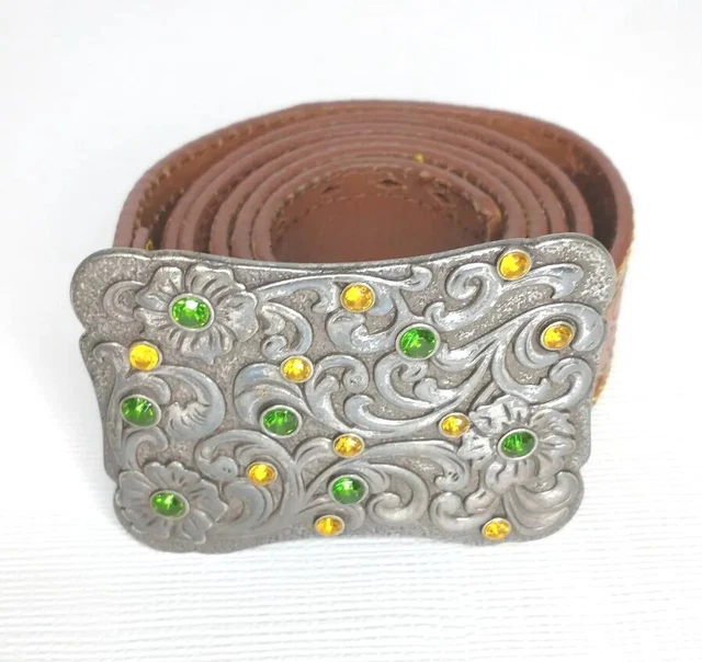 John Deere Ladies Top Grain Brown Leather Belt With Jeweled Buckle