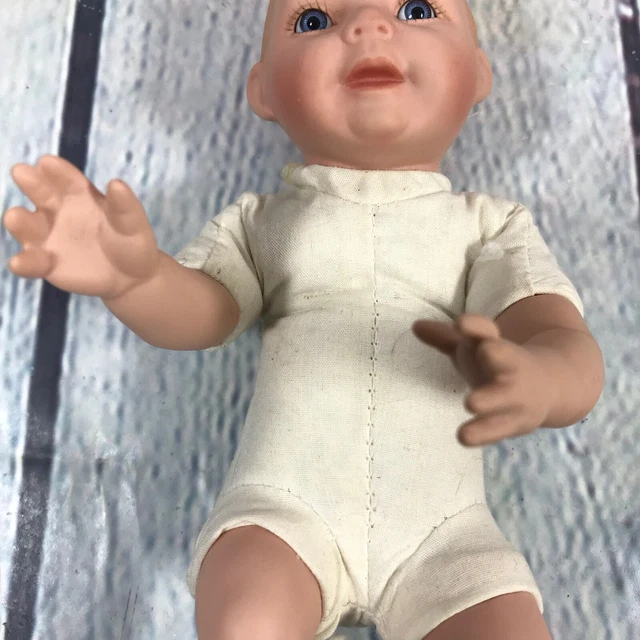 Vintage Bisque Porcelain Cloth Body Baby Doll w Blue Eyes No Clothes - 7.5" Long 3