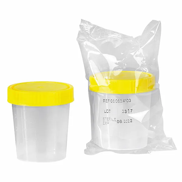 4x Urinbecher steril, 100 ml mit Schraubdeckel gelb einzeln STERIL verpackt