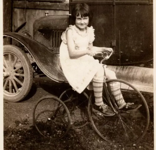 Little Girl Riding on Tricycle Photograph 3" x 5" Black & White c. 1930s-1940s