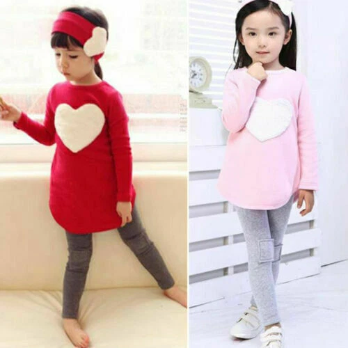 Maglione stampa cuore bambine top leggings pantaloni fascia set abbigliamento vestiti.