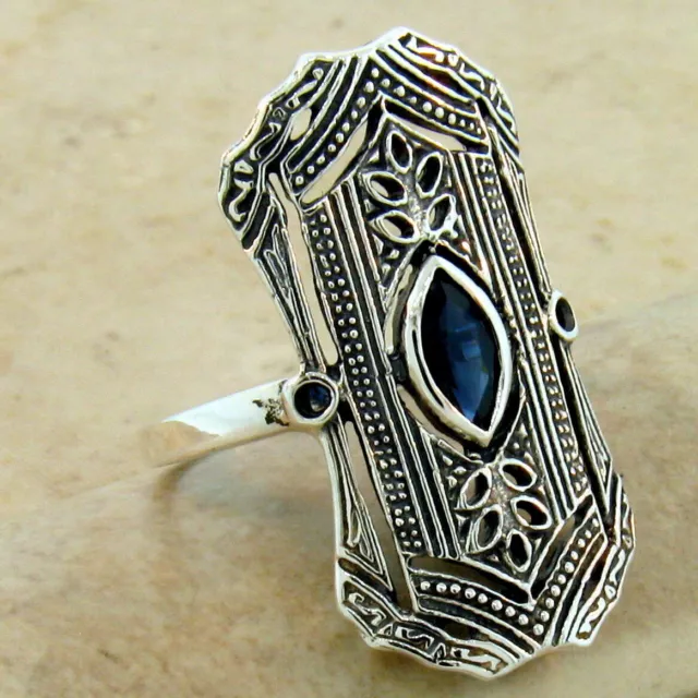 Art Deco Style Genuine Sapphire 925 Sterling Silver Classic Design Ring    #1093