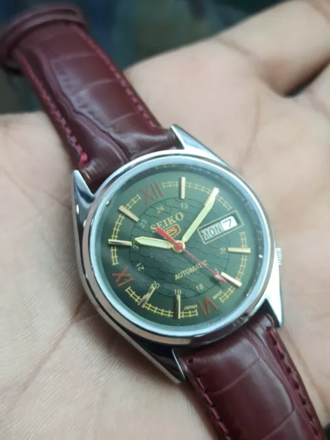 Seiko 5 Vintage Automatic Green Dial Genuine Men's Wrist Watch Free Shipping