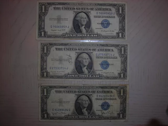 1935 Lot Of 3 Note's One Dollar Bill Blue Seal Silver Certificate's