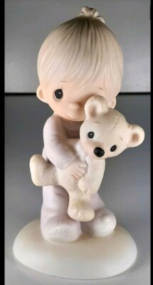 PRECIOUS MOMENTS LITTLE Boy Hugging Teddy Bear Figurine E-1372/B. $16.
