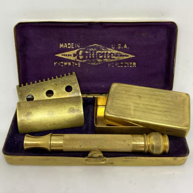 5 pc Vintage 1920s Gillette Double Safety Razor Ball End Set w Brass Case 2x4"