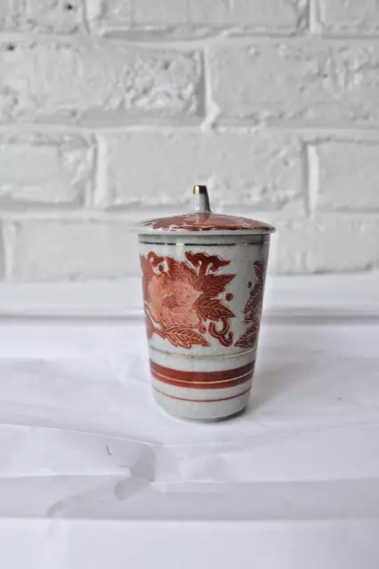 Small 4" Japanese Porcelain Kutani Lidded Container Burnt Orange Ornate