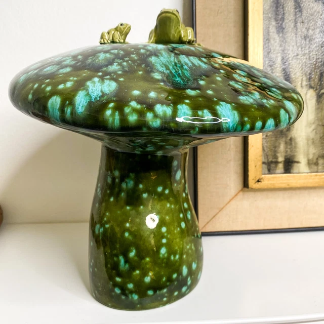 Vtg 70s LARGE 9" Toadstool Ceramic Drip Glaze Art Pottery Merry Mushroom + FROGS