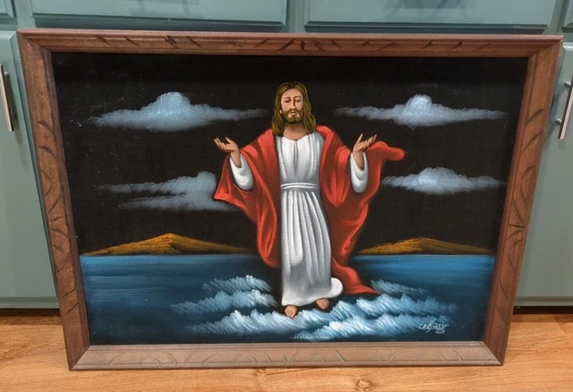 LARGE VINTAGE BLACK Velvet Painting Jesus Christ Walking On Water 28”x ...