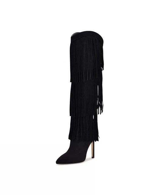 Nine West Tasels Black Pointed Toe Stiletto Heel Fringe Western Knee High Boots