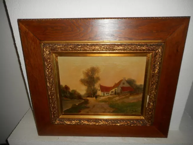 Antique oil painting,{ Landscape with a woman walking, is signed, great frame }.