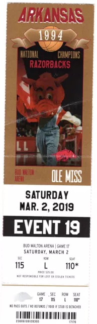 Arkansas Razorbacks SEC Basketball Ticket Stub Ole Miss Game Bud Walton 3/2/2019