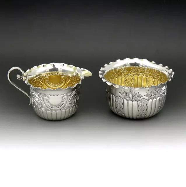 Lovely English Sterling Silver Creamer Sugar Bowl Pair Gilded Interior 1891