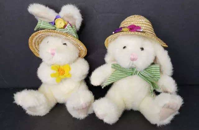 (2) Russ Berrie & Co. Bunny Bonnets Stuffed Bunnies Easter Rabbits Boy & Girl