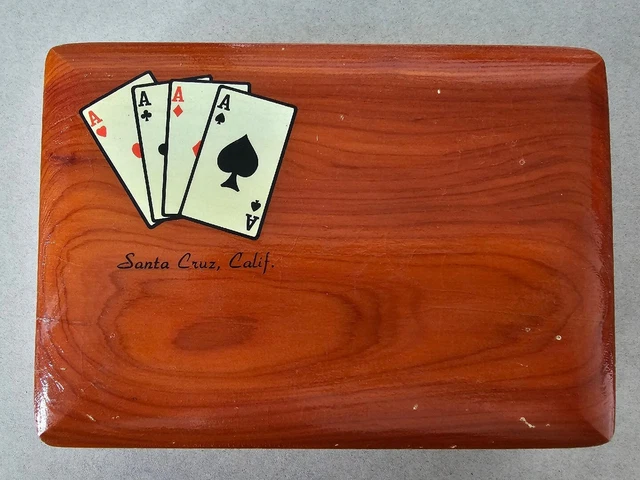 Vintage Handmade Wood Box Playing Cards Holder w/Aces on Cover Santa Cruz CA USA