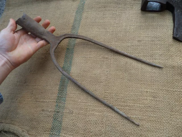 Antique Big Fork Pitchfork Hand Forged Iron Gardening Tool Vintage 19C