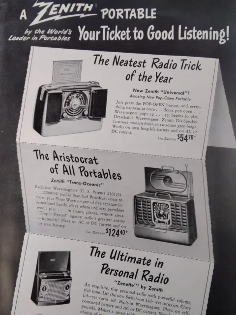 Zenith Radio Print Ad Original Vtg 1948 Portable Zennette Short Wave Transistor