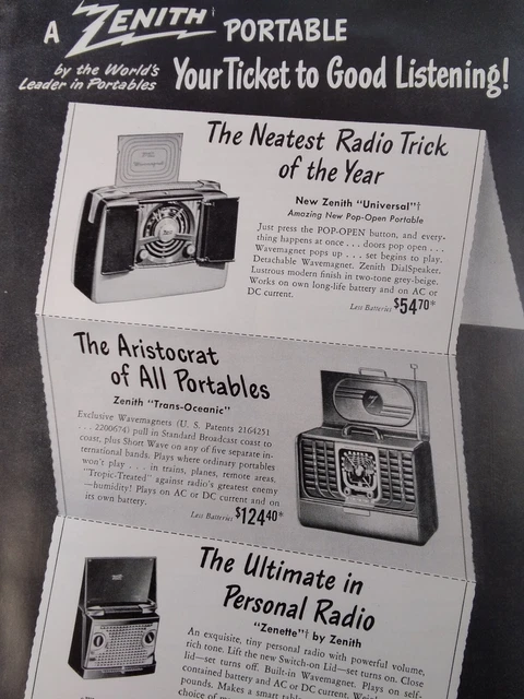 Zenith Radio Print Ad Original Vtg 1948 Portable Zennette Short Wave Transistor