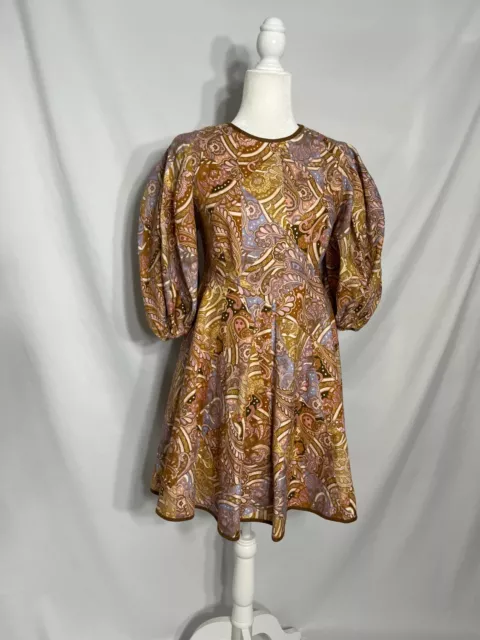 Zimmermann Concert Day Linen Minidress Sz 4 Paisley Multicolor Short Puff Sleeve