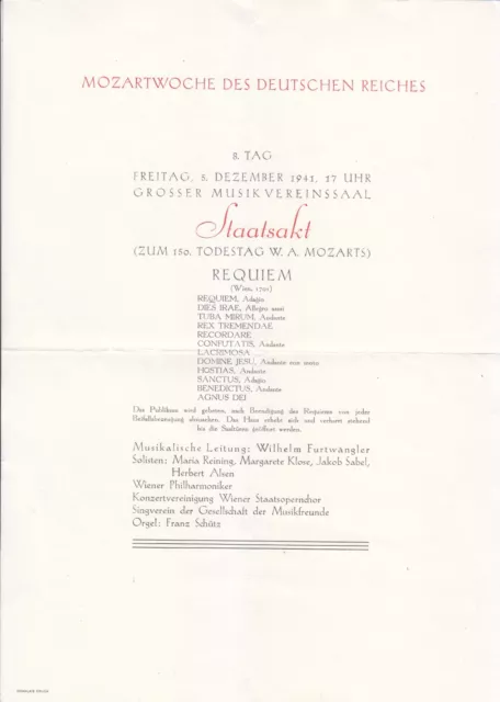 Konzertprogramm 1941 Wiener Musikverein Wilhelm Furtwängler Mozart Requiem