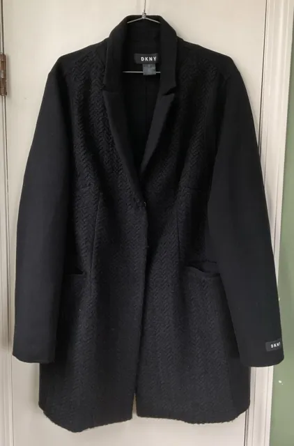 DKNY Womens Size XL Wool Bld Textured Sweater Panels 2 Large  Snap Black Coat