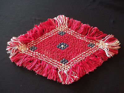 Antique Victorian Pink Woven Weave Runner 11 x 18"  Fringe Triangle Drawn Work