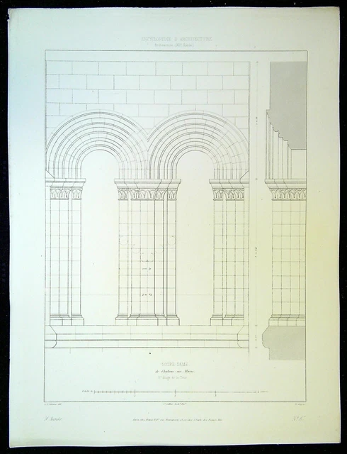 Antique Architectural Engraving Notre Dame de Chalon sur Marne Tower Floor