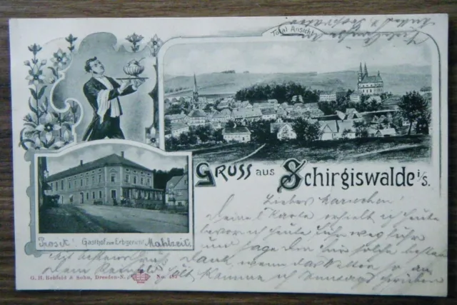 alte AK Gruß aus Schirgiswalde Oberlausitz Ansicht Gasthof Erbgericht gel. 1902