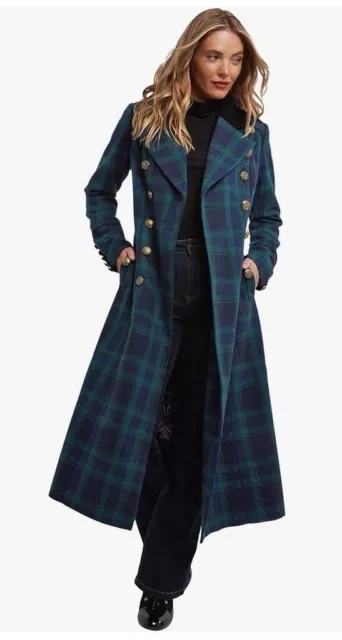 Joe Browns Size 10 Full Length Long Military Style Check Tartan Collared Coat