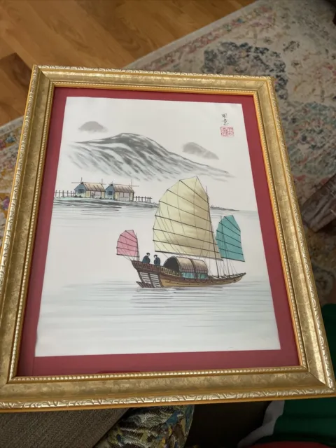 Vintage Chinese Painting on Silk Asian Landscape , Boat ,  Signed 10x12 Framed