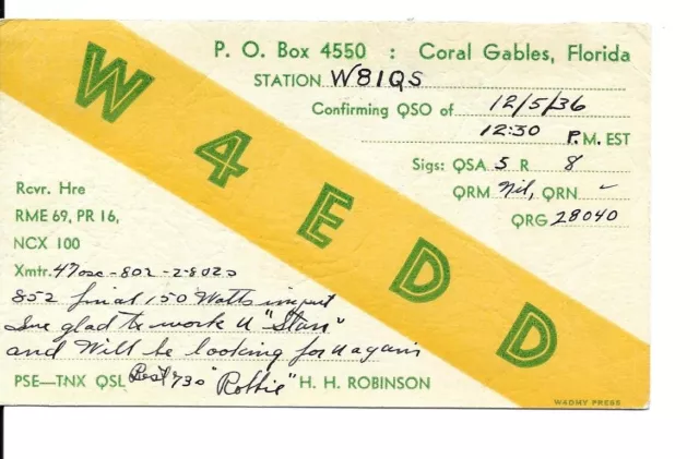 QSL  1936  Coral Gables i   Florida   radio card