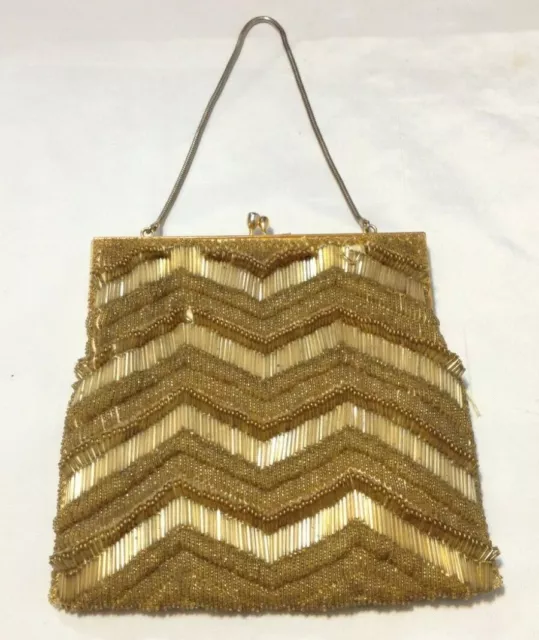 WALBORG Vintage Gold Bead Richere Bag Purse Hand Made Faux Diamond Kiss Lock