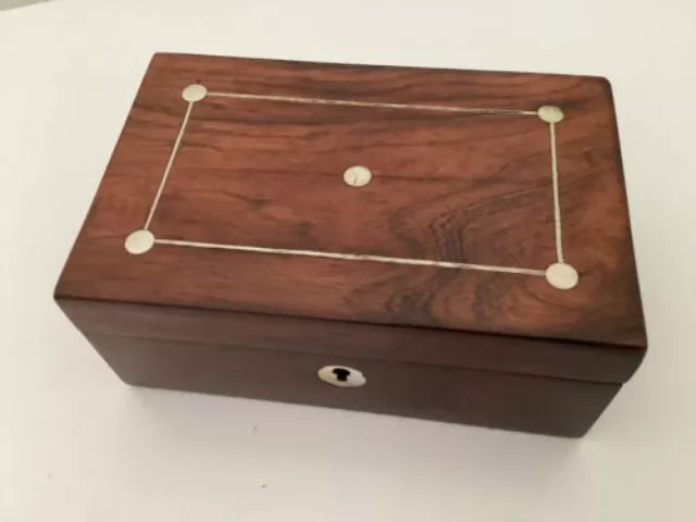 Victorian Veneered Rosewood Mother Of Pearl Lid Inlay Box & Key