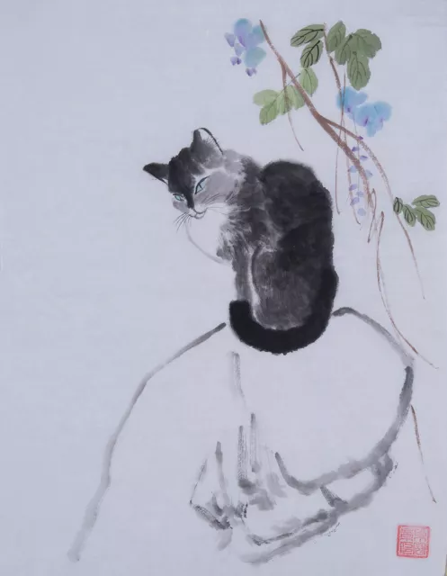 Artwork Cat Rock Hand Painted Chinese painting Brush ink watercolor Wall Art