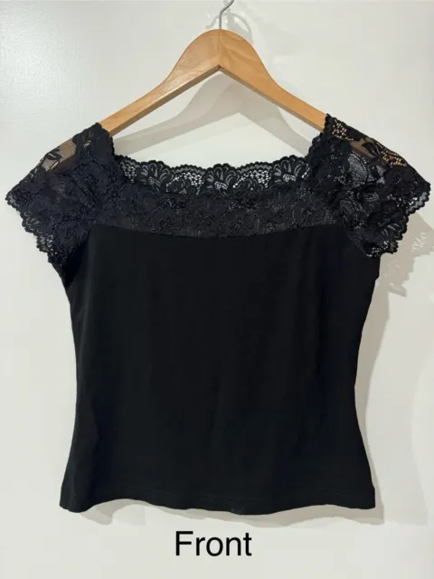 Vintage Black Lace Square Neckline High Stretch Cropped Top, AU XS/6-8