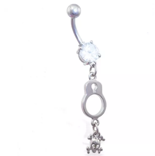 Belly Ring Handcuff w/Skull & Clear Gem Dangle Naval Steel Body Jewelry