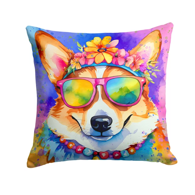 Corgi Hippie Dawg Fabric Decorative Pillow DAC2497PW1414