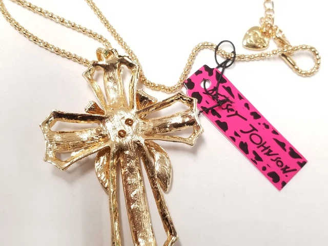 White Rhinestone Cross Bling Crystal Pendant Betsey Johnson Necklace 4