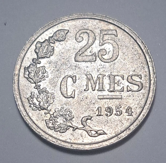 1954 Luxembourg 25 Centimes Crowned Shield, Oak Leaf, 0.76g 19mm Coin