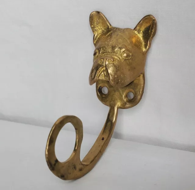 Vintage Brass French Bulldog Wall Hook Artisan Hand Crafted Leash Keys Signed