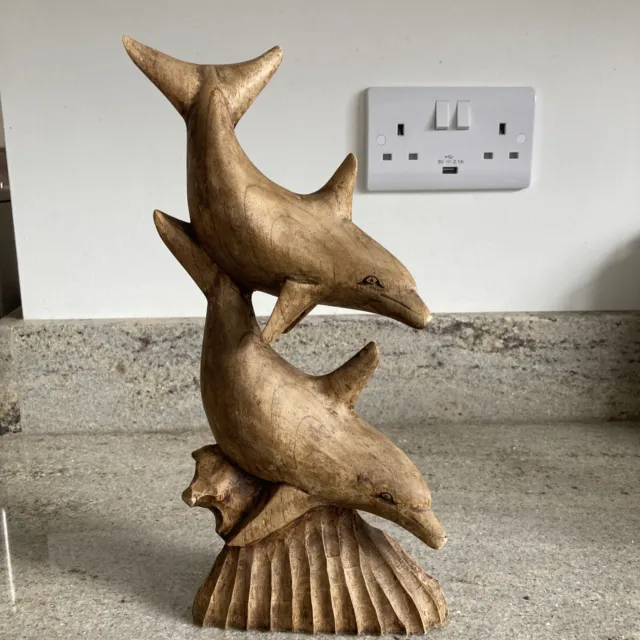 Wooden Hand Carved Dolphins On Coral Sculpture